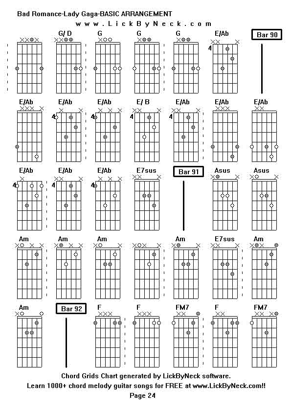 Chord Grids Chart of chord melody fingerstyle guitar song-Bad Romance-Lady Gaga-BASIC ARRANGEMENT,generated by LickByNeck software.